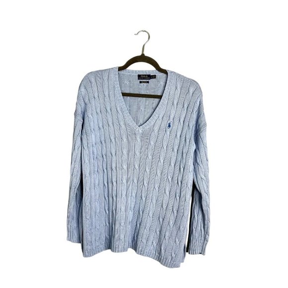 Polo Ralph Lauren Sweaters - POLO Ralph Lauren Cableknit V-Neck Sweater Cotton Blue Split Hem S